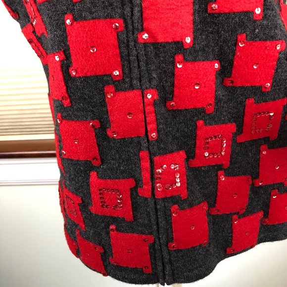 Susan Bristol 2001 Hand Embroidered Sequins Red & Gray Lambswool Front Zip Vest - Picture 6 of 15